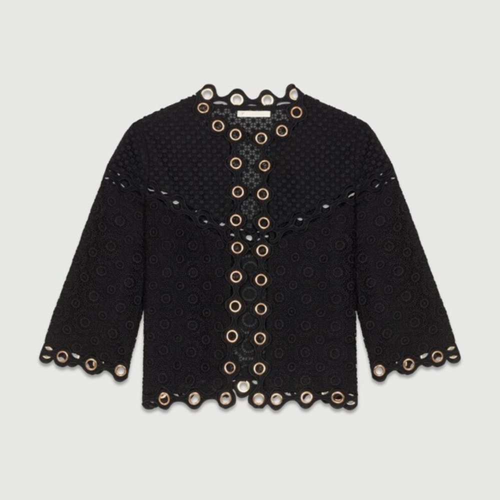 Maje Guipure Lace Eyelet Cardigan
